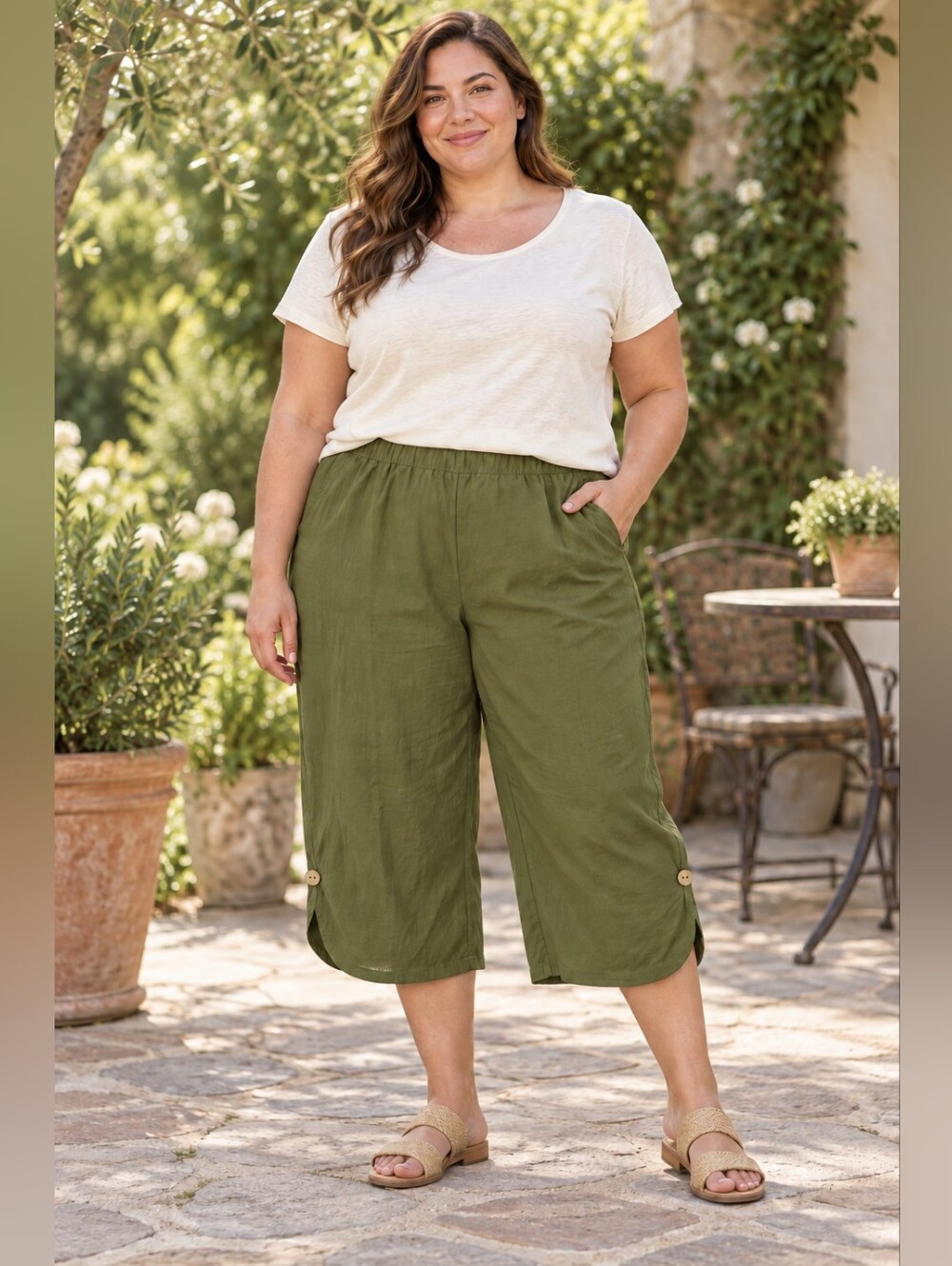 Women’s 2XL Olive Green Cropped Capri Pants Elastic Waist Button Hem